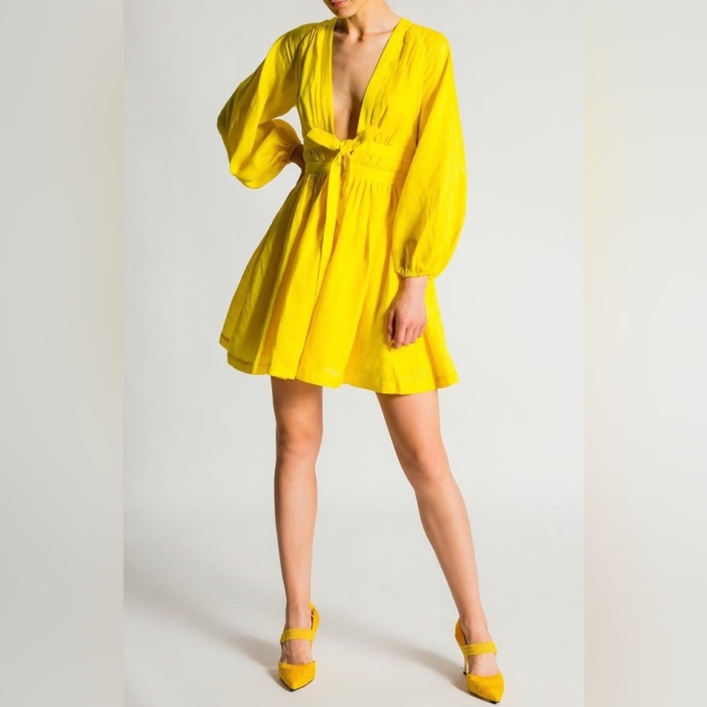 Zimmerman Mini Linen Dress in Yellow Size 2 Shelly Plunge Bow Dress US 8 Medium